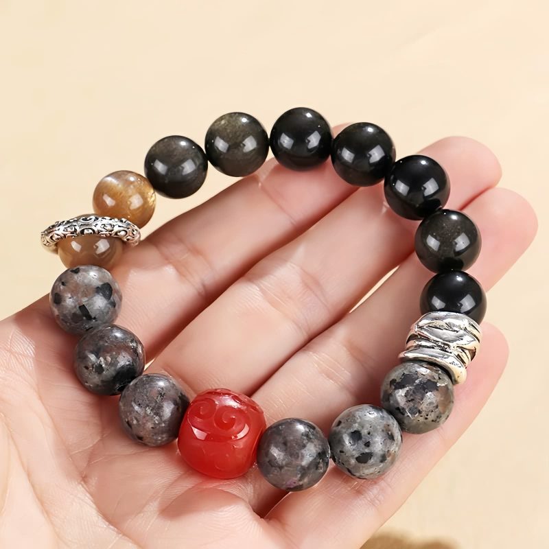 Pulsera de Protección con Obsidiana Dorada, Ágata Roja y Roca Volcánica Gold Sheen Obsidian Red Agate Protection Bracelet