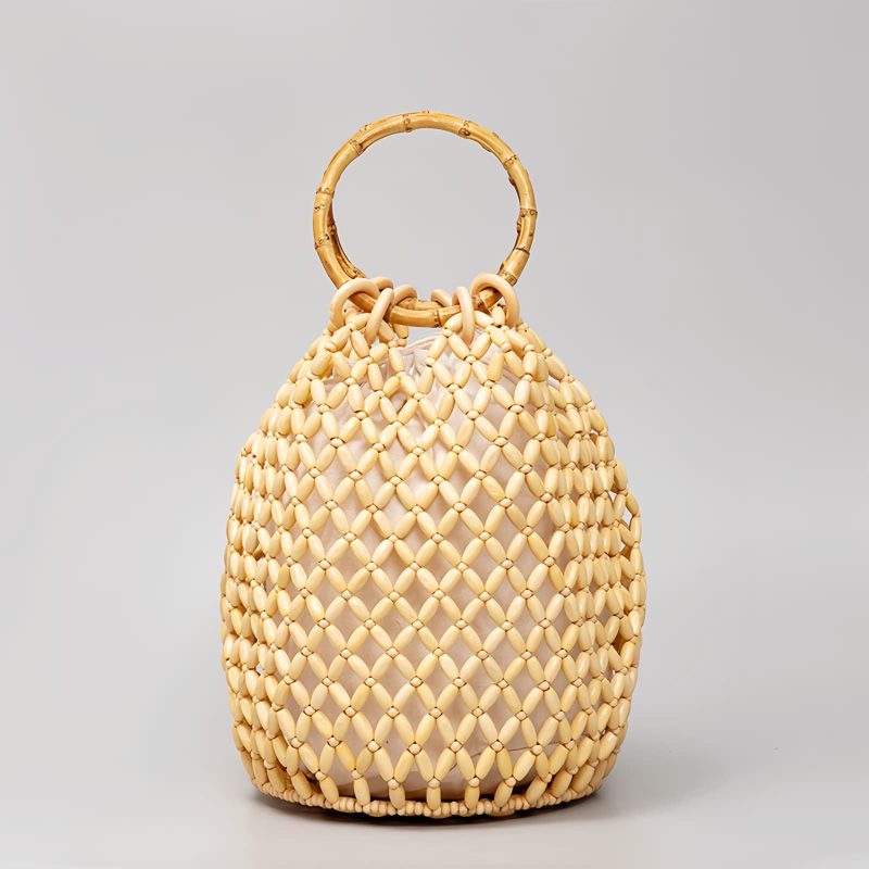 حقيبة يد من خرز الخشب المنسوج يدوياً بمقبض من الخيزران Handwoven Wooden Beads Bamboo Handle Bag