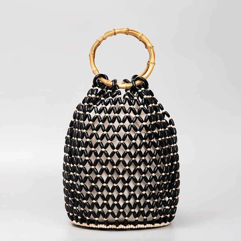 حقيبة يد من خرز الخشب المنسوج يدوياً بمقبض من الخيزران Handwoven Wooden Beads Bamboo Handle Bag