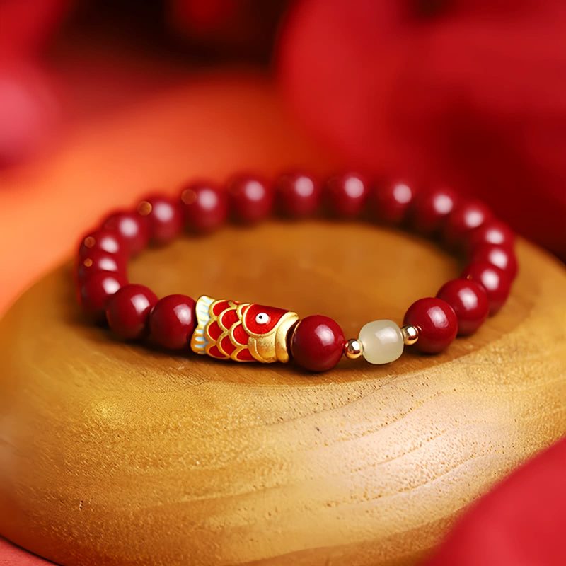 Pulseira Abençoada de Carpa de Cinábrio Natural Natural Cinnabar Koi Fish Blessing Bracelet