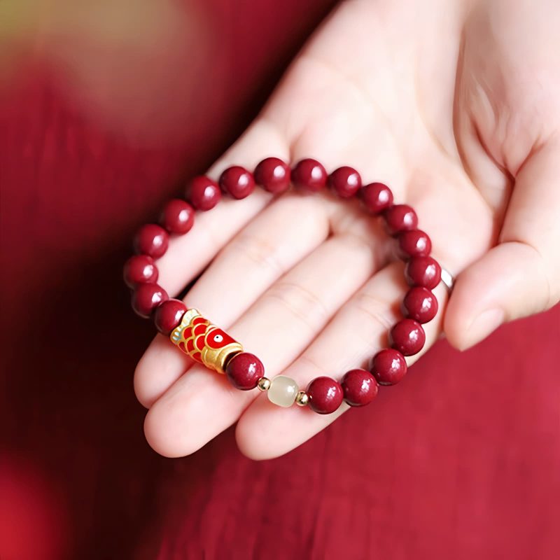 Pulseira Abençoada de Carpa de Cinábrio Natural Natural Cinnabar Koi Fish Blessing Bracelet