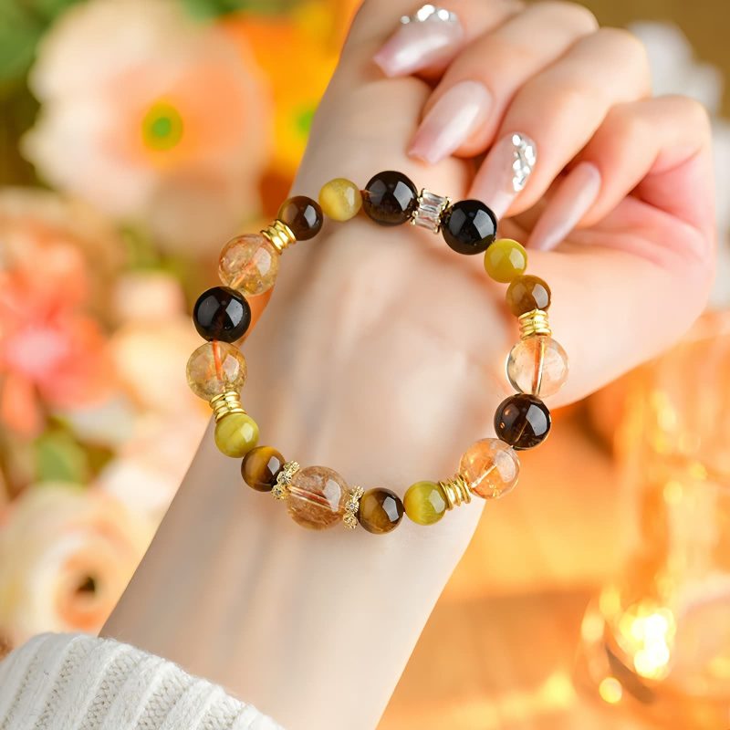 Pulsera de Prosperidad Duobao con Citrino, Cuarzo Ahumado y Ojo de Tigre Natural Natural Citrine Smoky Quartz Tiger Eye Duobao Prosperity Flow Bracelet