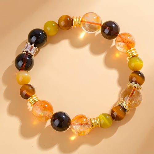 Pulsera de Citrino Natural, Cuarzo Ahumado y Ojo de Tigre Duobao para el Flujo de Prosperidad Pulsera de Citrino Natural, Cuarzo Ahumado y Ojo de Tigre Duobao para el Flujo de Prosperidad