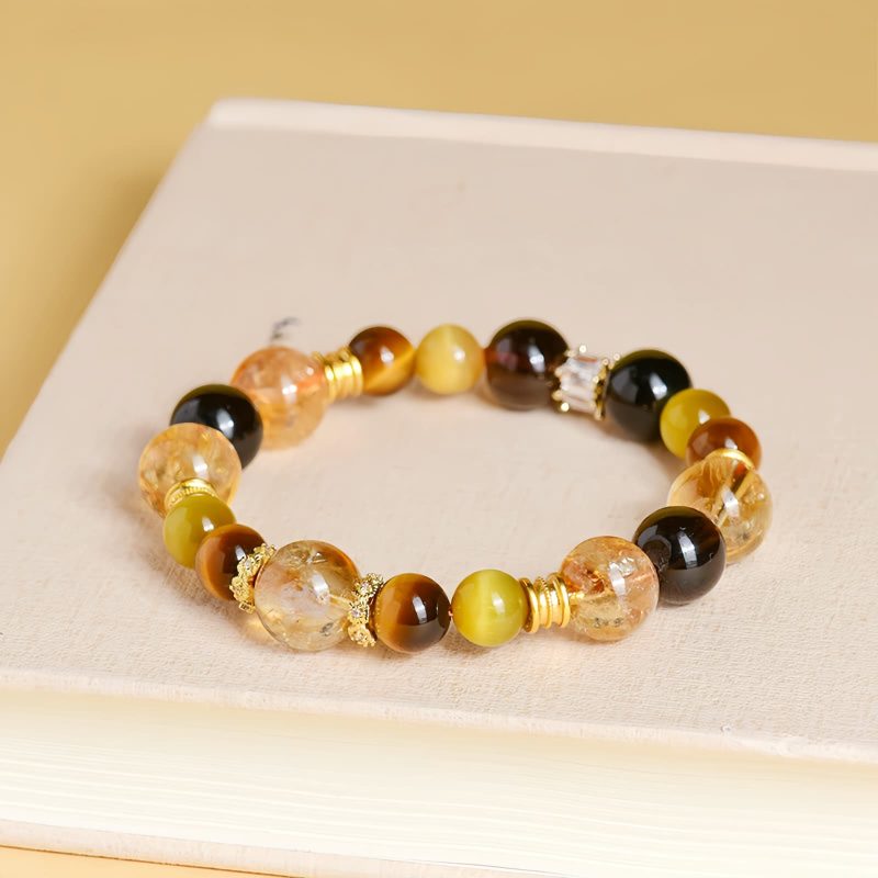 Pulsera de Prosperidad Duobao con Citrino, Cuarzo Ahumado y Ojo de Tigre Natural Natural Citrine Smoky Quartz Tiger Eye Duobao Prosperity Flow Bracelet