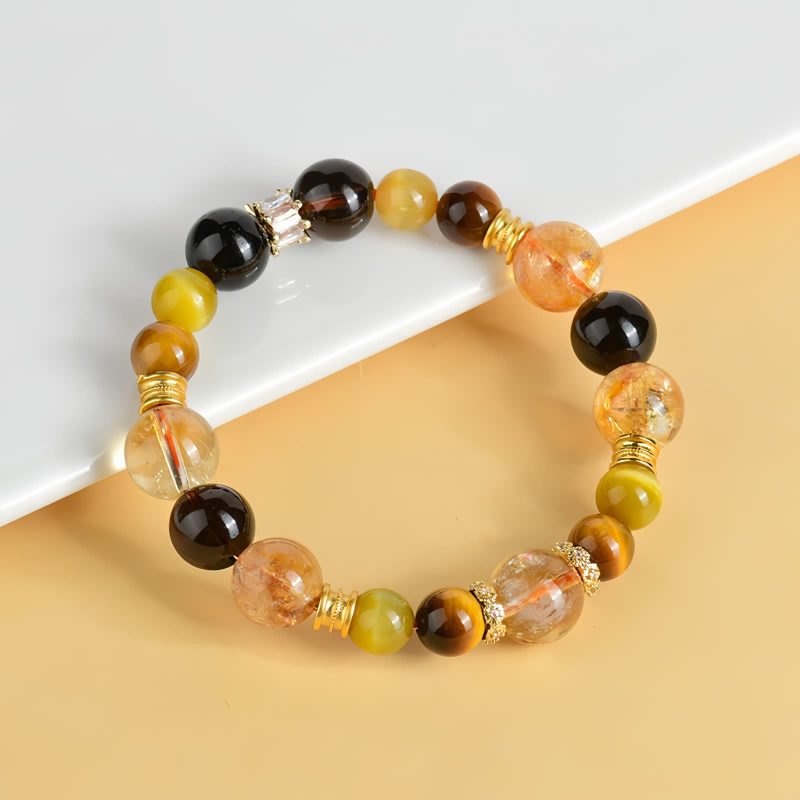 Pulsera de Prosperidad Duobao con Citrino, Cuarzo Ahumado y Ojo de Tigre Natural Natural Citrine Smoky Quartz Tiger Eye Duobao Prosperity Flow Bracelet