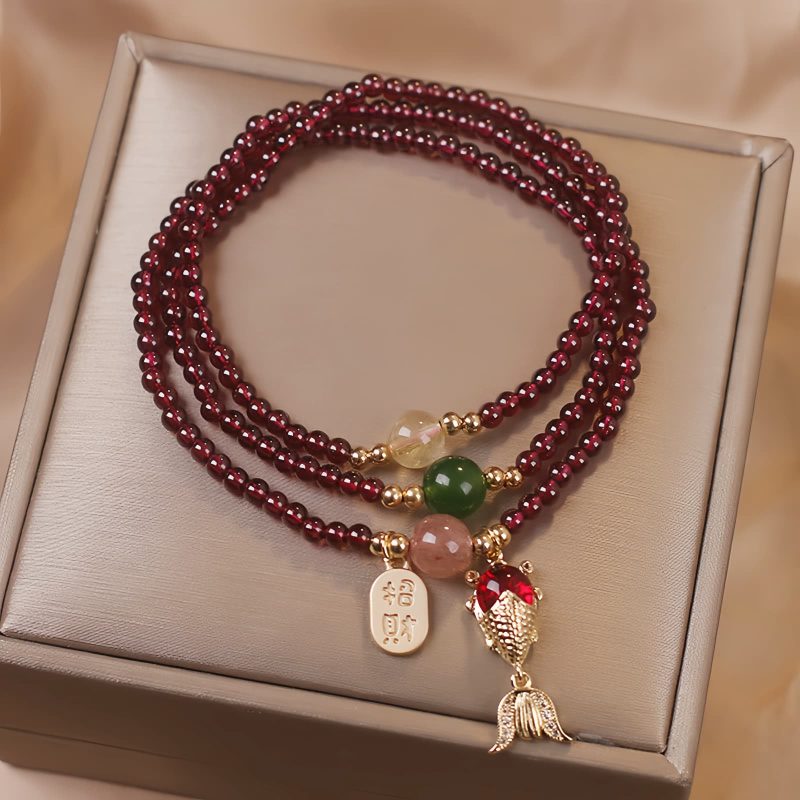 Pulsera Triple Envoltura de Pescado Koi de Cuarzo Natural de Granate Natural Garnet Quartz Koi Fish Triple Wrap Bracelet