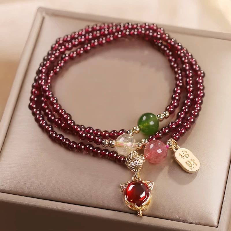 Pulsera Triple Envoltura de Pescado Koi de Cuarzo Natural de Granate Natural Garnet Quartz Koi Fish Triple Wrap Bracelet