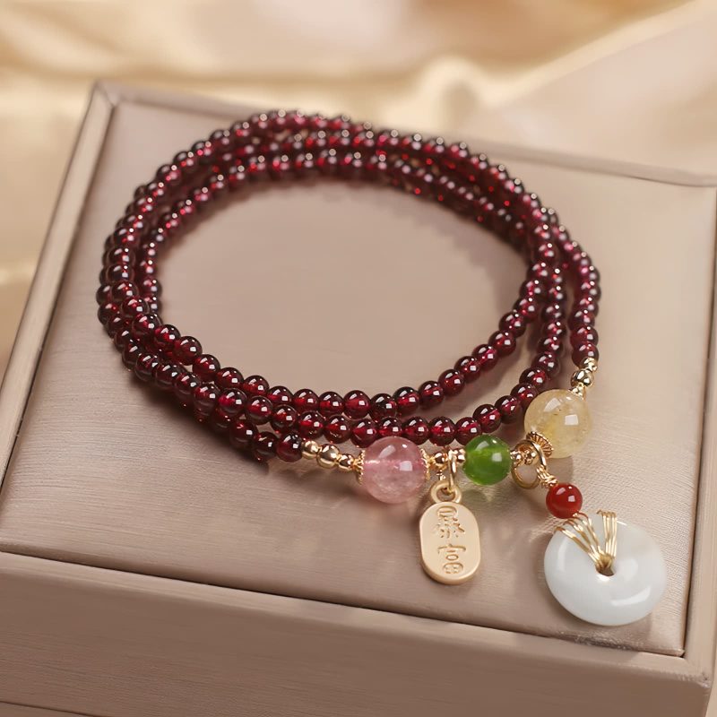 Pulsera Triple Envoltura de Pescado Koi de Cuarzo Natural de Granate Natural Garnet Quartz Koi Fish Triple Wrap Bracelet