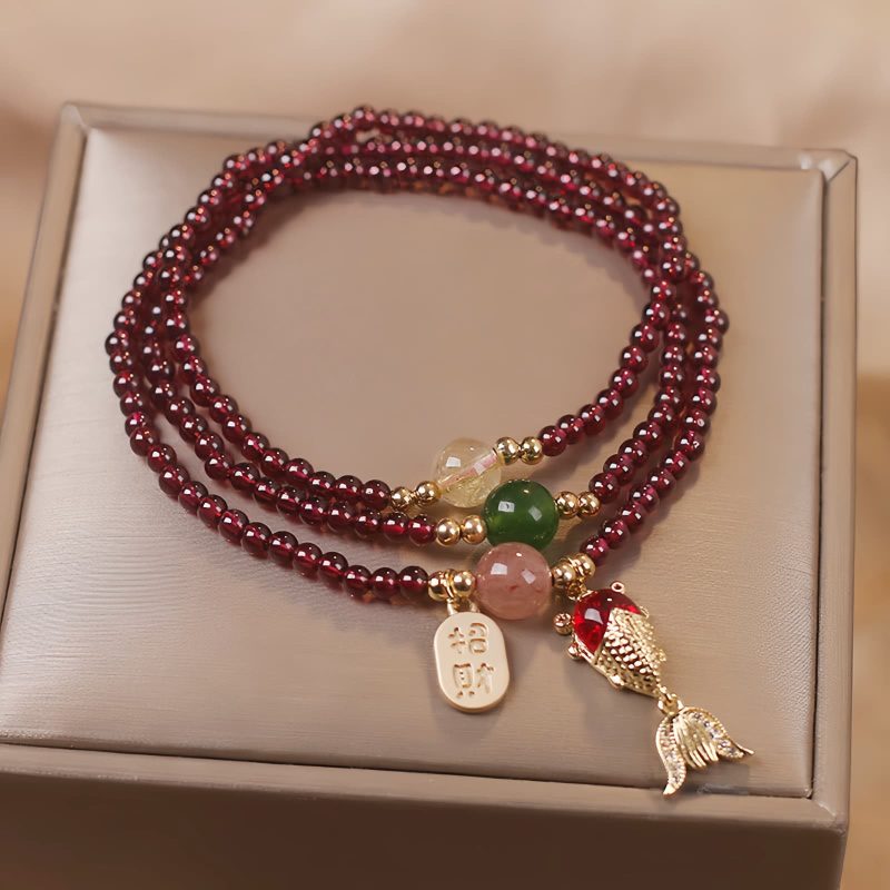 Pulsera Triple Envoltura de Pescado Koi de Cuarzo Natural de Granate Natural Garnet Quartz Koi Fish Triple Wrap Bracelet