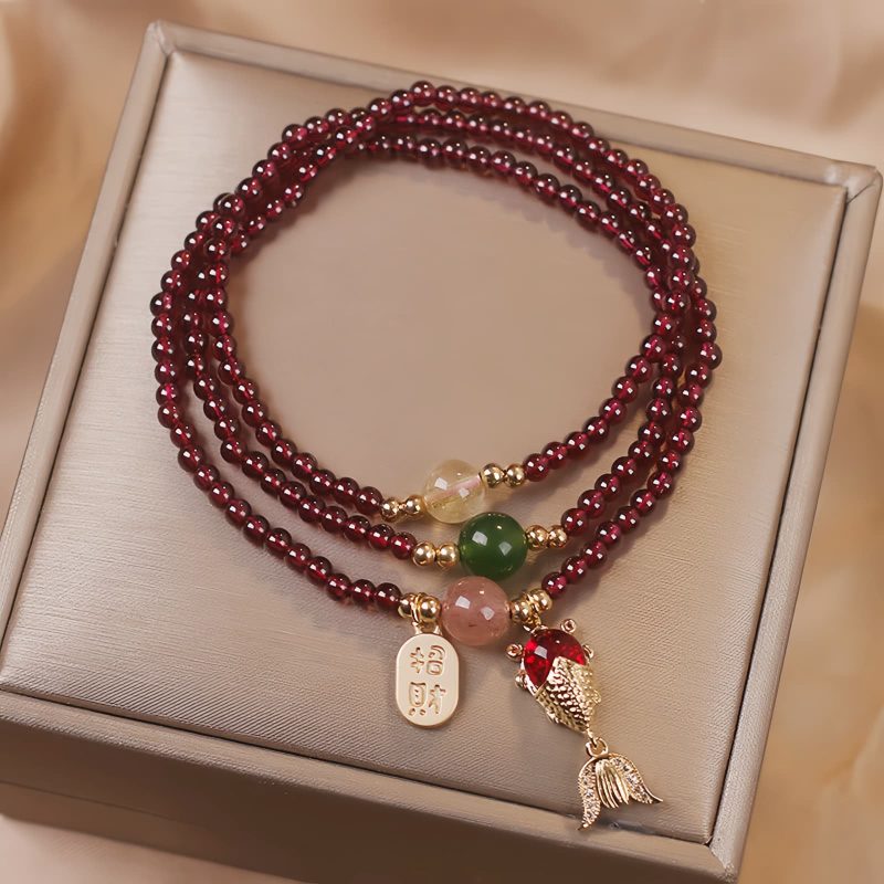 Pulsera Triple Envoltura de Pescado Koi de Cuarzo Natural de Granate Natural Garnet Quartz Koi Fish Triple Wrap Bracelet