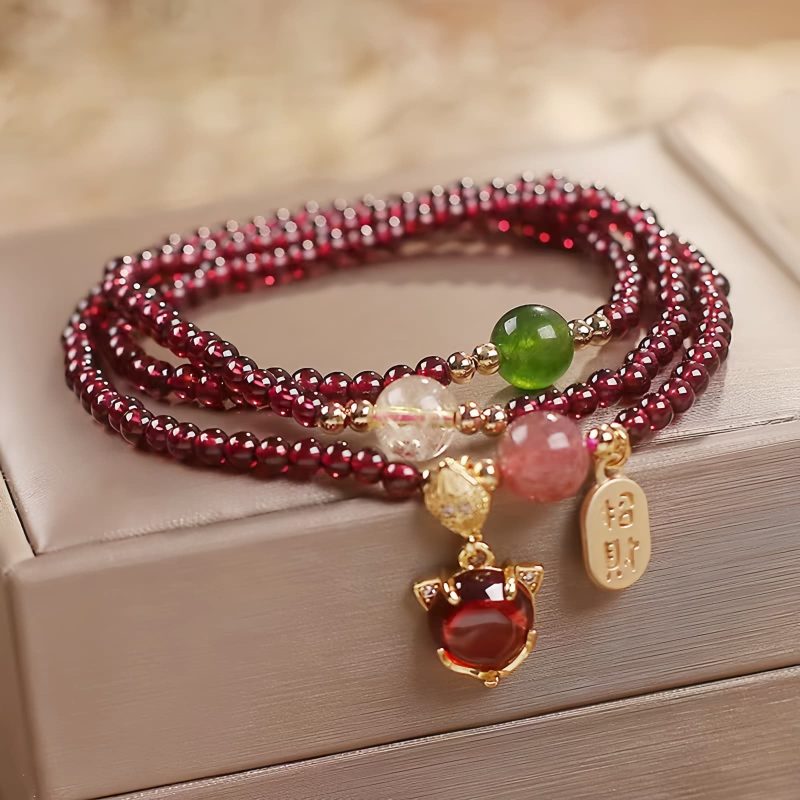 Pulsera Triple Envoltura de Pescado Koi de Cuarzo Natural de Granate Natural Garnet Quartz Koi Fish Triple Wrap Bracelet