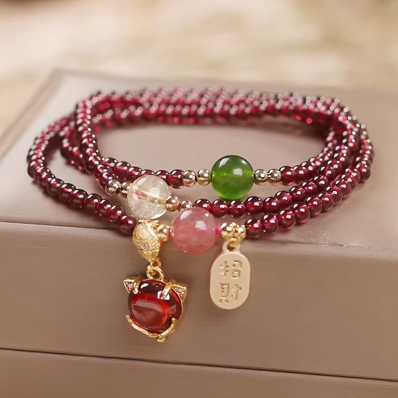 Pulsera Triple Envoltura de Pescado Koi de Cuarzo Natural de Granate Natural Garnet Quartz Koi Fish Triple Wrap Bracelet