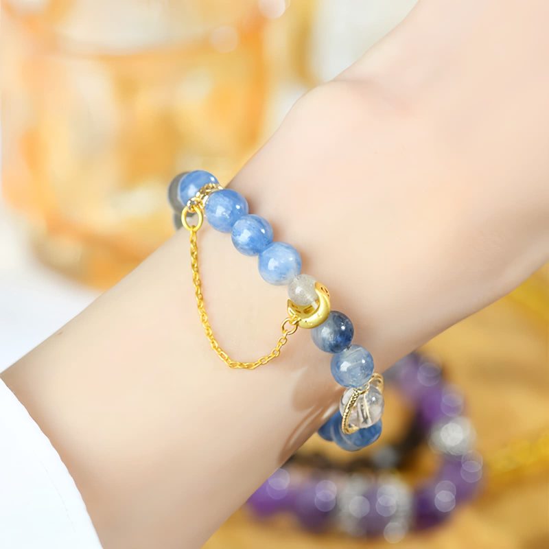 Pulsera de Luna Creciente con Cristal de Cianita Natural Natural Kyanite Crystal Crescent Moon Bracelet