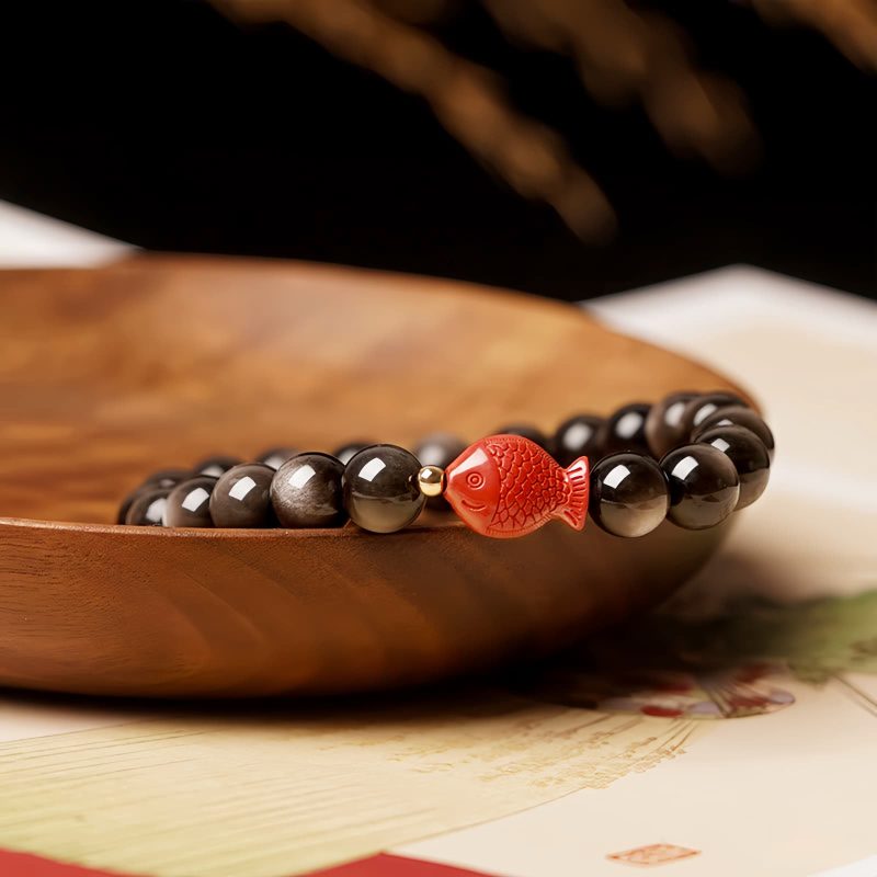 Armband aus Obsidian mit Koi-Fisch-Motiv in Silber-Schimmer Natural Silver Sheen Obsidian Koi Fish Bracelet