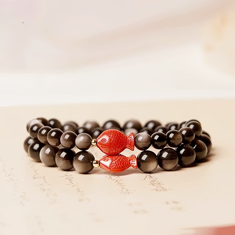 Armband aus Obsidian mit Koi-Fisch-Motiv in Silber-Schimmer Natural Silver Sheen Obsidian Koi Fish Bracelet