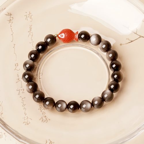 Pulsera de pez Koi de Obsidiana con brillo plateado natural Pulsera de pez Koi de Obsidiana con brillo plateado natural
