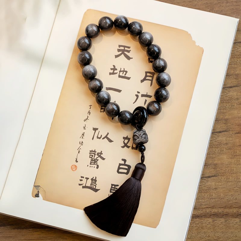 Natürliche Silberglanz Obsidian Löwen Handgelenk Mala Natural Silver Sheen Obsidian Lion Wrist Mala