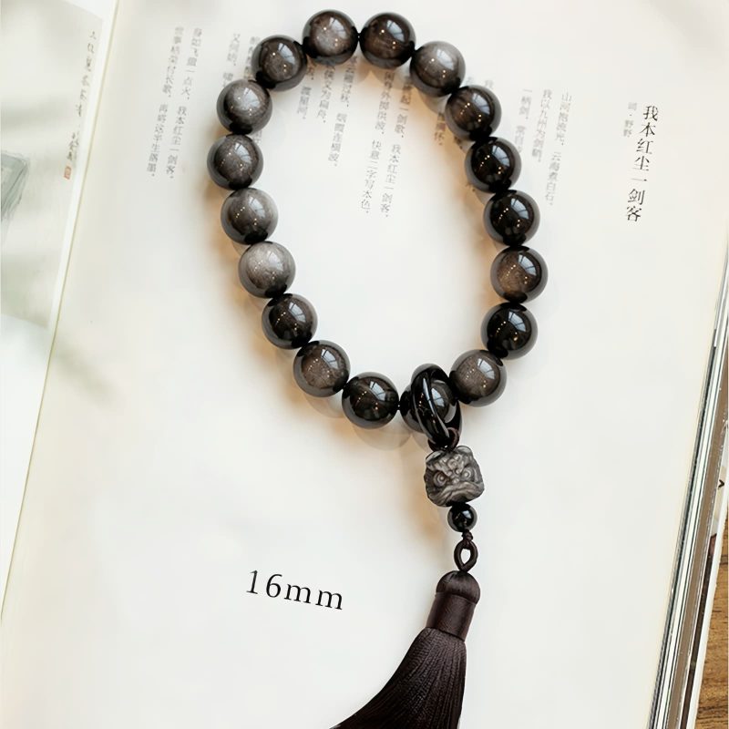 Natürliche Silberglanz Obsidian Löwen Handgelenk Mala Natural Silver Sheen Obsidian Lion Wrist Mala