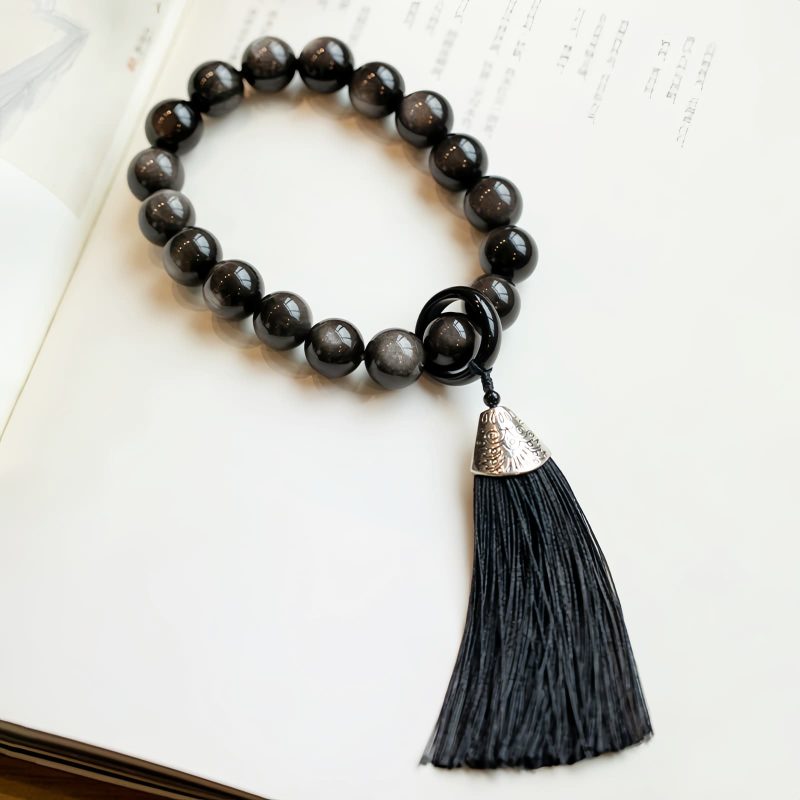 Natürliche Silberglanz Obsidian Löwen Handgelenk Mala Natural Silver Sheen Obsidian Lion Wrist Mala