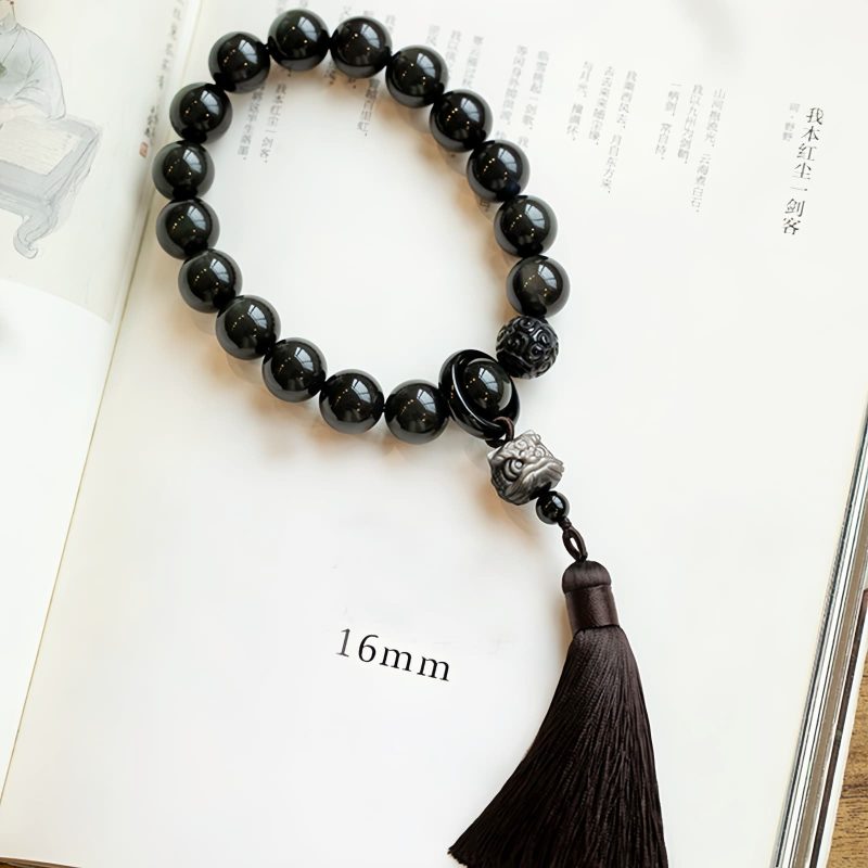 Natürliche Silberglanz Obsidian Löwen Handgelenk Mala Natural Silver Sheen Obsidian Lion Wrist Mala
