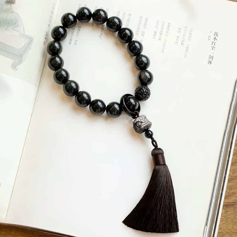 Natürliche Silberglanz Obsidian Löwen Handgelenk Mala Natural Silver Sheen Obsidian Lion Wrist Mala