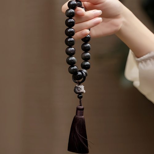 Mala de Pulsera de Obsidiana con Brillo Plateado y León Natural Mala de Pulsera de Obsidiana con Brillo Plateado y León Natural