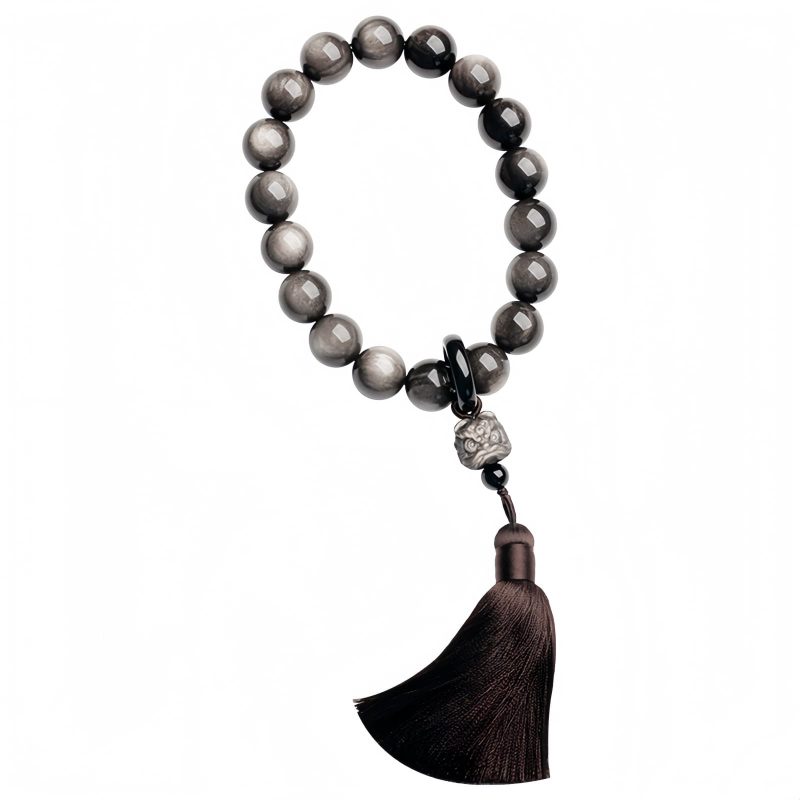 Natürliche Silberglanz Obsidian Löwen Handgelenk Mala Natural Silver Sheen Obsidian Lion Wrist Mala