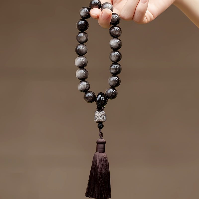Natürliche Silberglanz Obsidian Löwen Handgelenk Mala Natural Silver Sheen Obsidian Lion Wrist Mala
