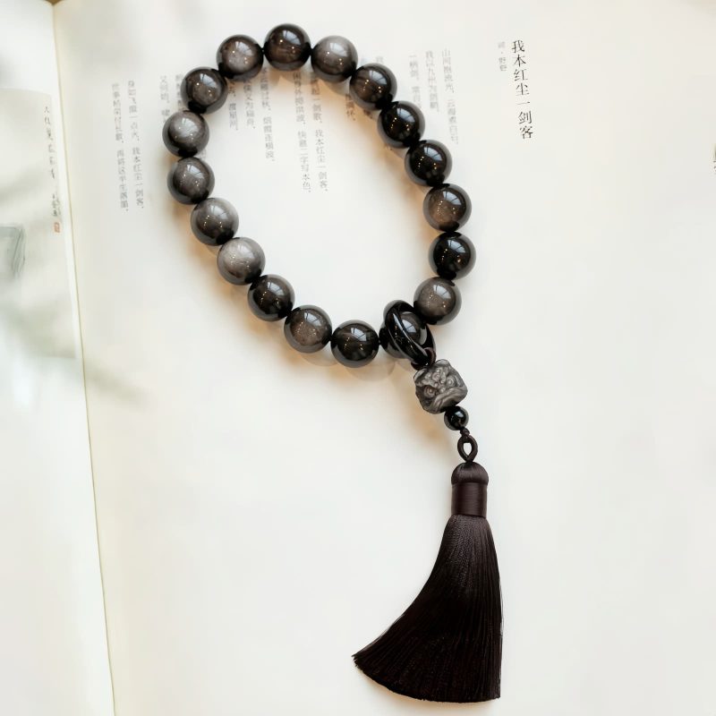 Natürliche Silberglanz Obsidian Löwen Handgelenk Mala Natural Silver Sheen Obsidian Lion Wrist Mala