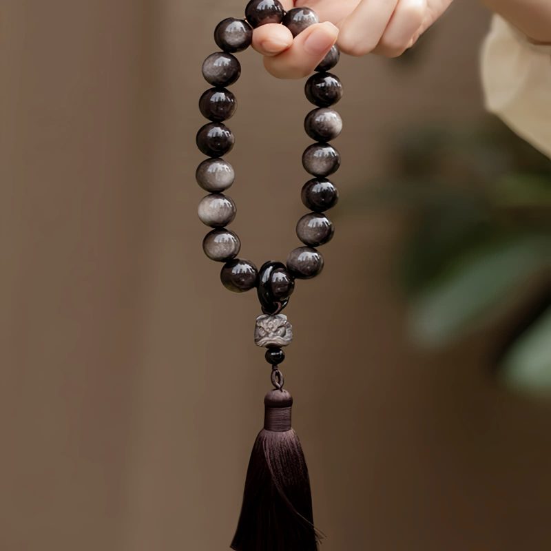 Natürliche Silberglanz Obsidian Löwen Handgelenk Mala Natural Silver Sheen Obsidian Lion Wrist Mala