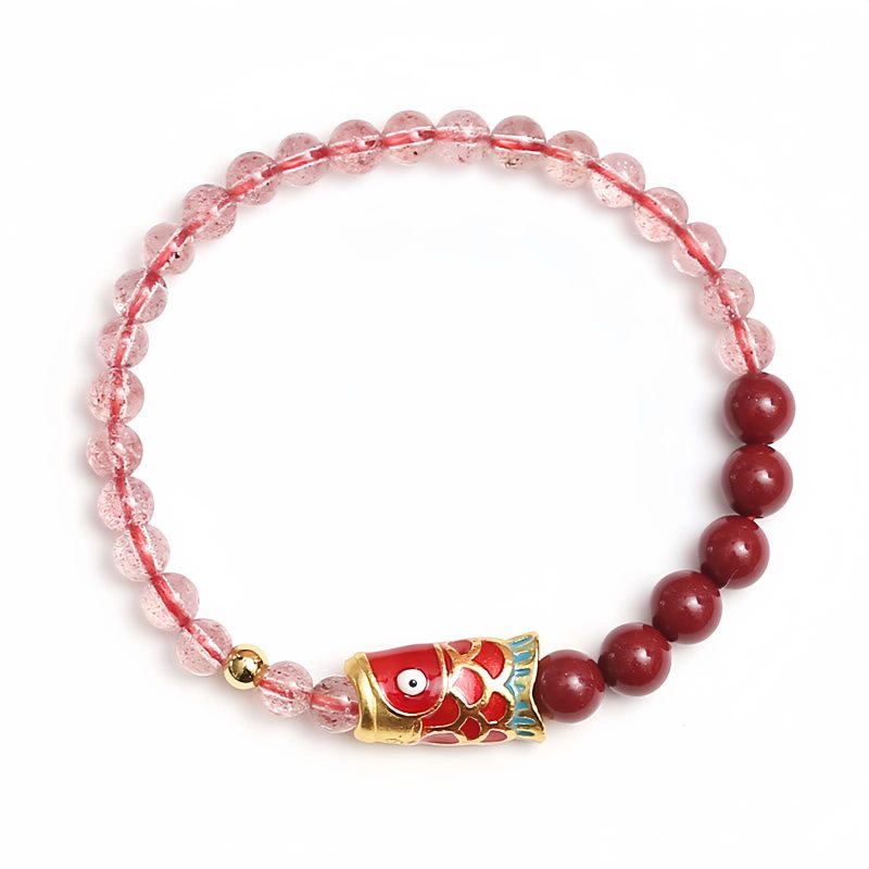 天然ストロベリークォーツ・辰砂の鯉のブレスレット Natural Strawberry Quartz Cinnabar Koi Fish Bracelet