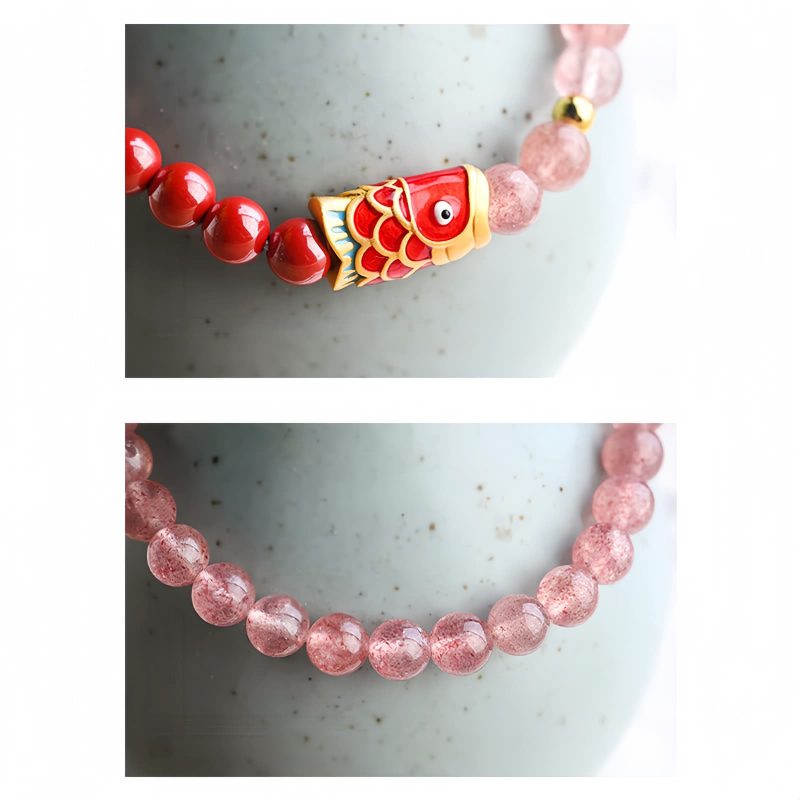 天然ストロベリークォーツ・辰砂の鯉のブレスレット Natural Strawberry Quartz Cinnabar Koi Fish Bracelet