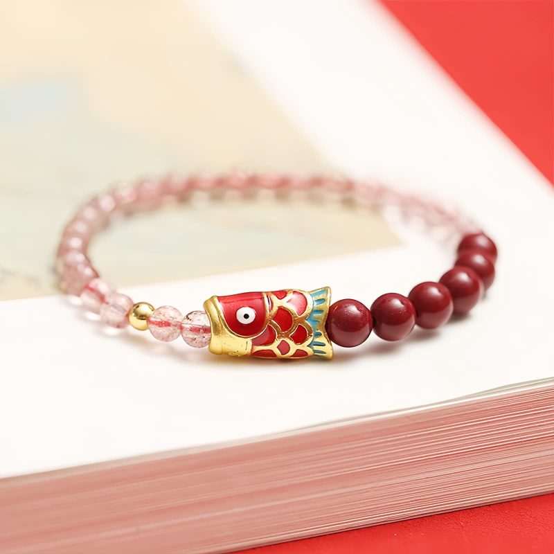 天然ストロベリークォーツ・辰砂の鯉のブレスレット Natural Strawberry Quartz Cinnabar Koi Fish Bracelet