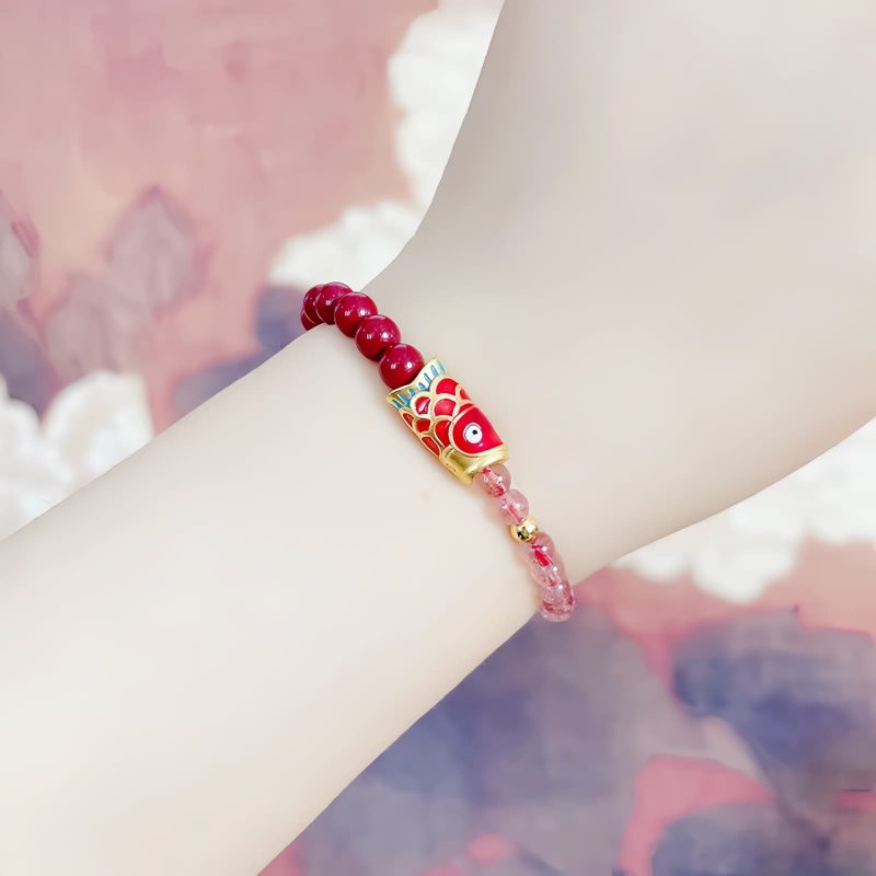 天然ストロベリークォーツ・辰砂の鯉のブレスレット Natural Strawberry Quartz Cinnabar Koi Fish Bracelet