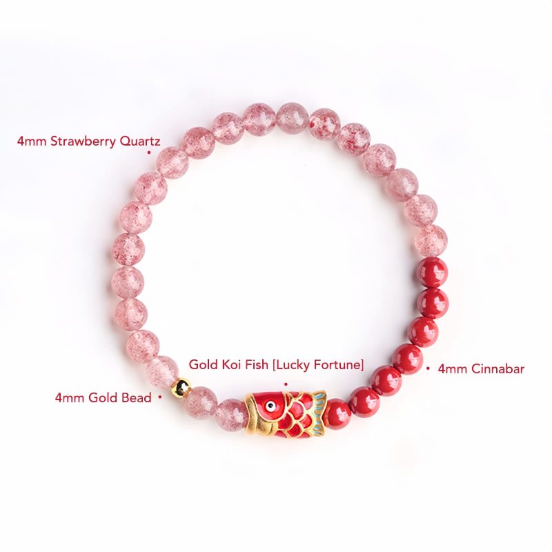 天然ストロベリークォーツ・辰砂の鯉のブレスレット Natural Strawberry Quartz Cinnabar Koi Fish Bracelet