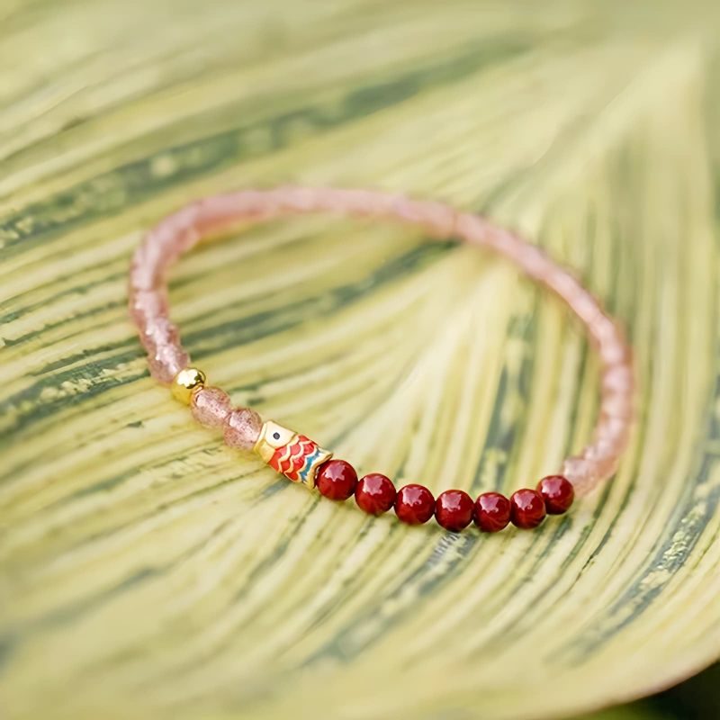 天然ストロベリークォーツ・辰砂の鯉のブレスレット Natural Strawberry Quartz Cinnabar Koi Fish Bracelet