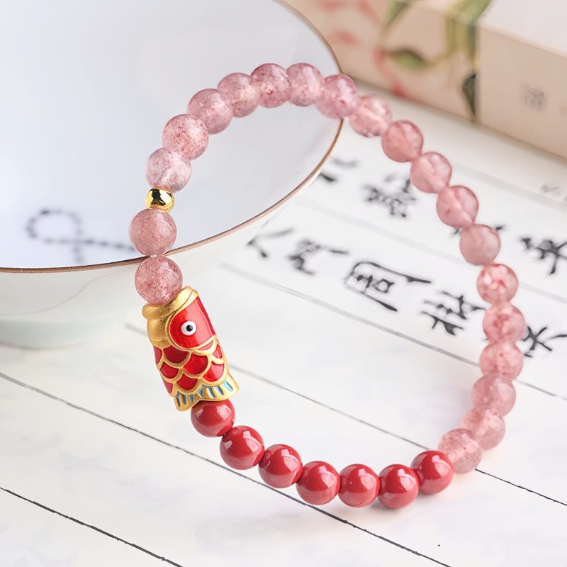 天然ストロベリークォーツ・辰砂の鯉のブレスレット Natural Strawberry Quartz Cinnabar Koi Fish Bracelet
