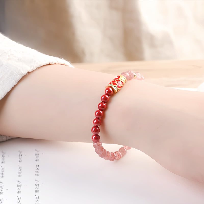 天然ストロベリークォーツ・辰砂の鯉のブレスレット Natural Strawberry Quartz Cinnabar Koi Fish Bracelet