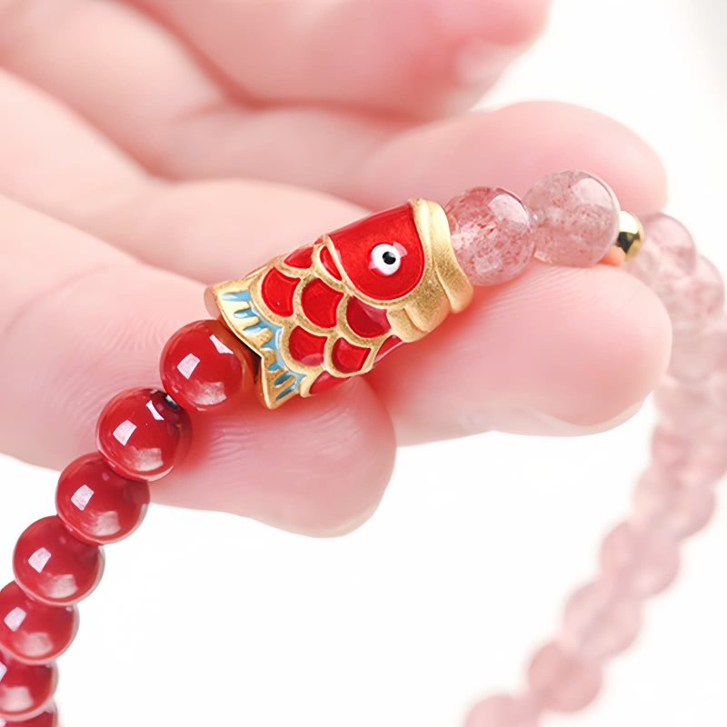天然ストロベリークォーツ・辰砂の鯉のブレスレット Natural Strawberry Quartz Cinnabar Koi Fish Bracelet