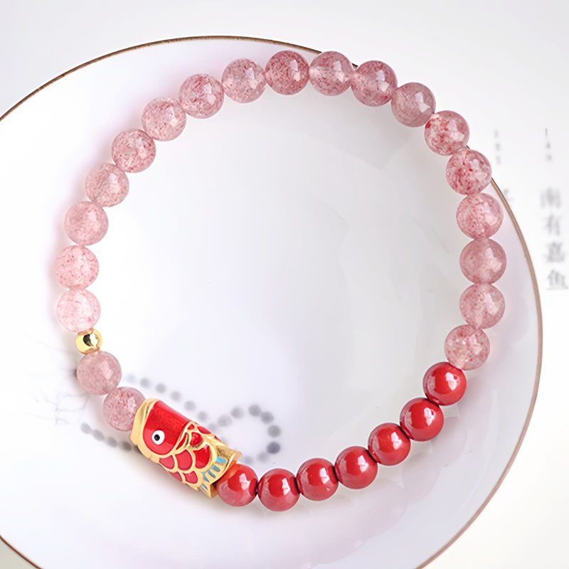 天然ストロベリークォーツ・辰砂の鯉のブレスレット Natural Strawberry Quartz Cinnabar Koi Fish Bracelet