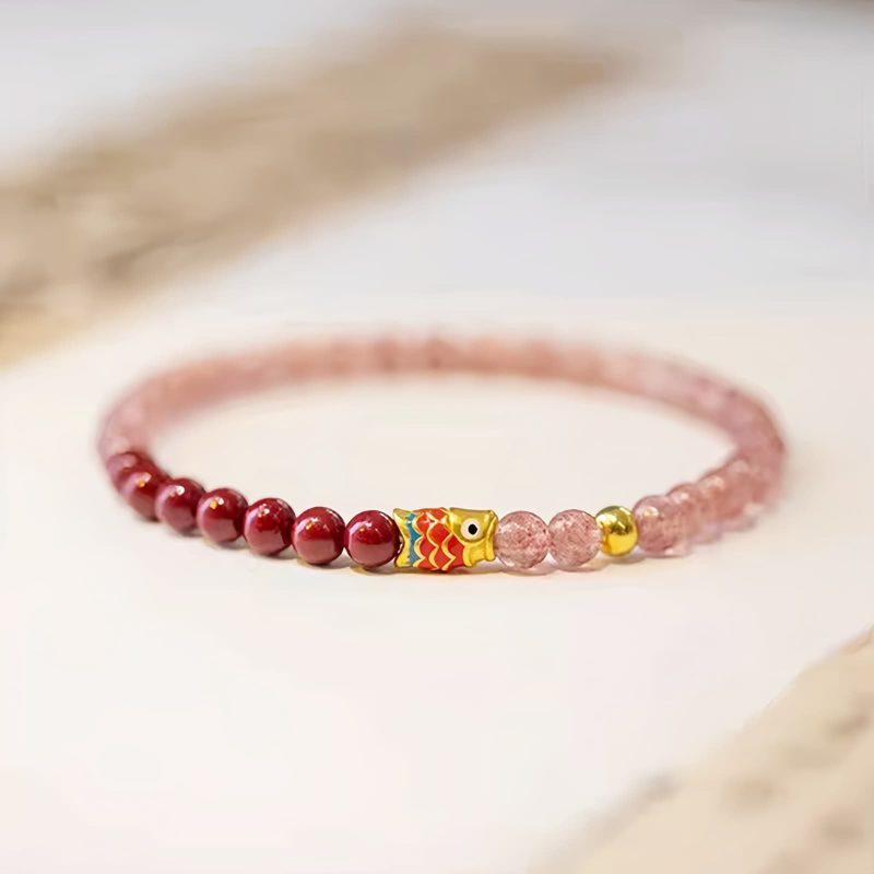 天然ストロベリークォーツ・辰砂の鯉のブレスレット Natural Strawberry Quartz Cinnabar Koi Fish Bracelet