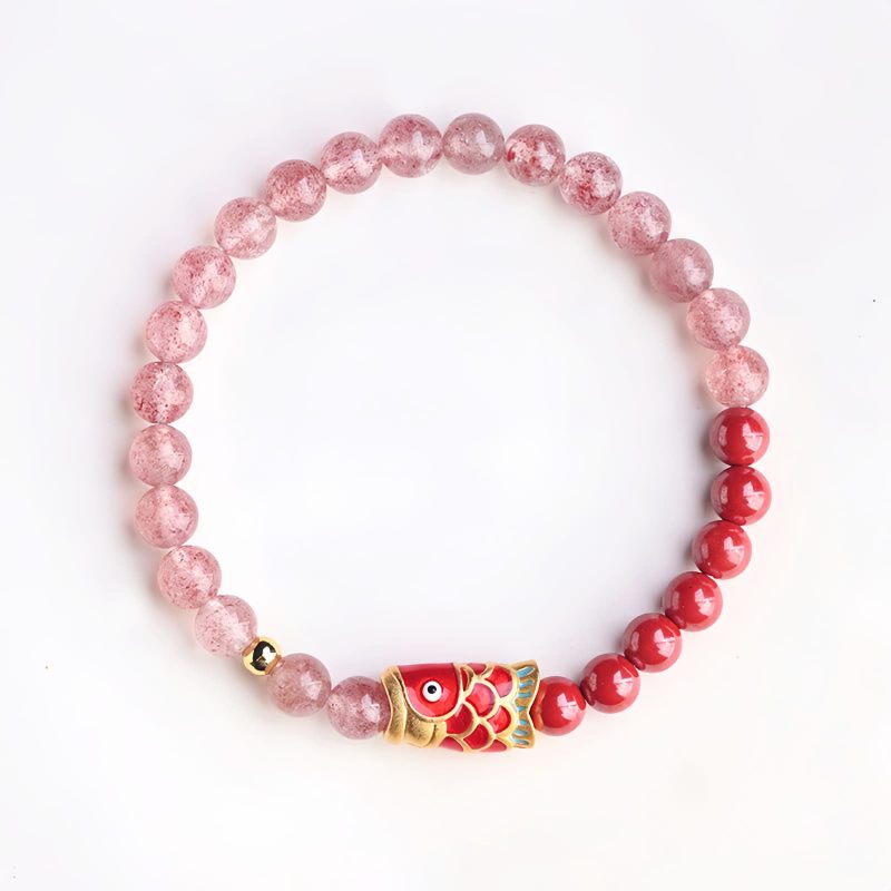 天然ストロベリークォーツ・辰砂の鯉のブレスレット Natural Strawberry Quartz Cinnabar Koi Fish Bracelet