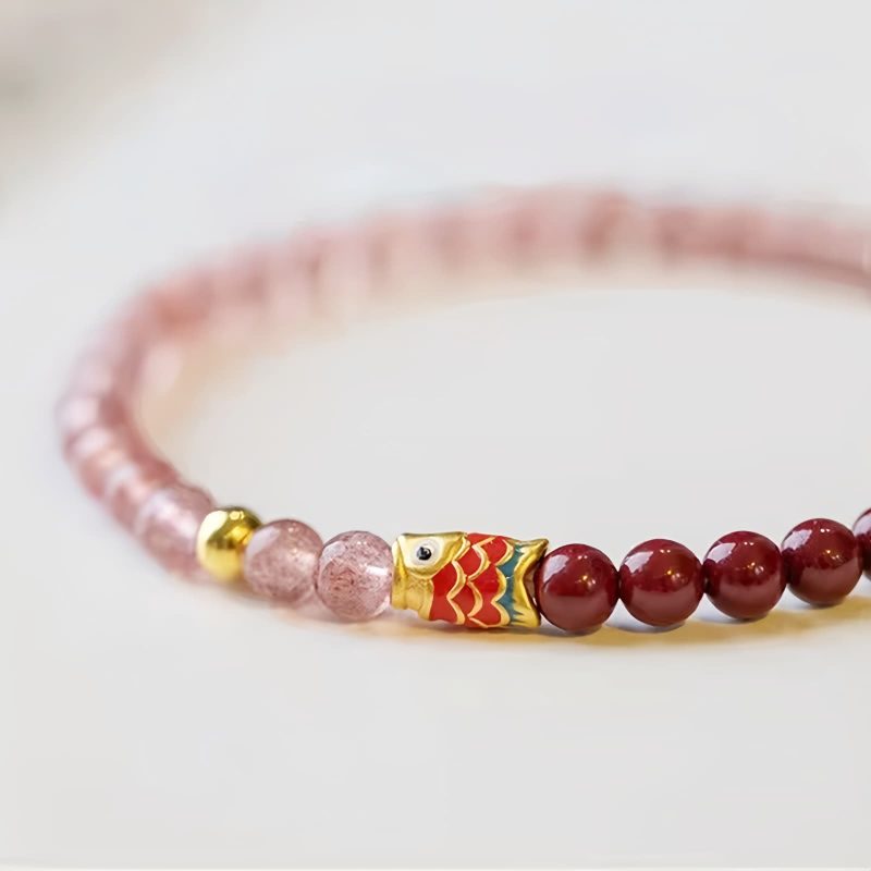 天然ストロベリークォーツ・辰砂の鯉のブレスレット Natural Strawberry Quartz Cinnabar Koi Fish Bracelet