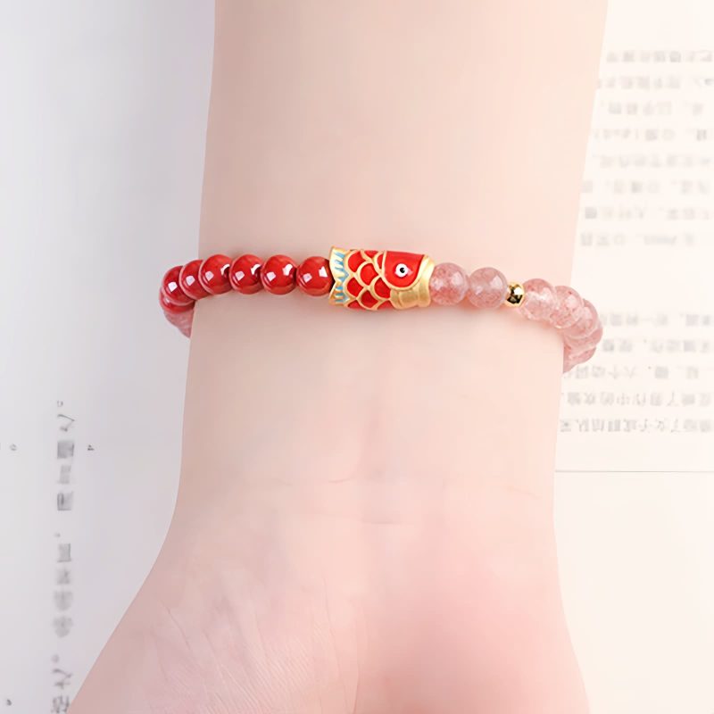 天然ストロベリークォーツ・辰砂の鯉のブレスレット Natural Strawberry Quartz Cinnabar Koi Fish Bracelet
