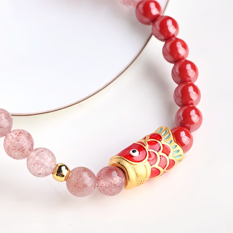 天然ストロベリークォーツ・辰砂の鯉のブレスレット Natural Strawberry Quartz Cinnabar Koi Fish Bracelet