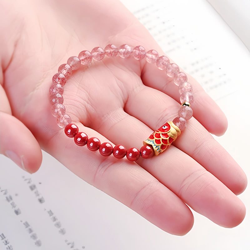 天然ストロベリークォーツ・辰砂の鯉のブレスレット Natural Strawberry Quartz Cinnabar Koi Fish Bracelet