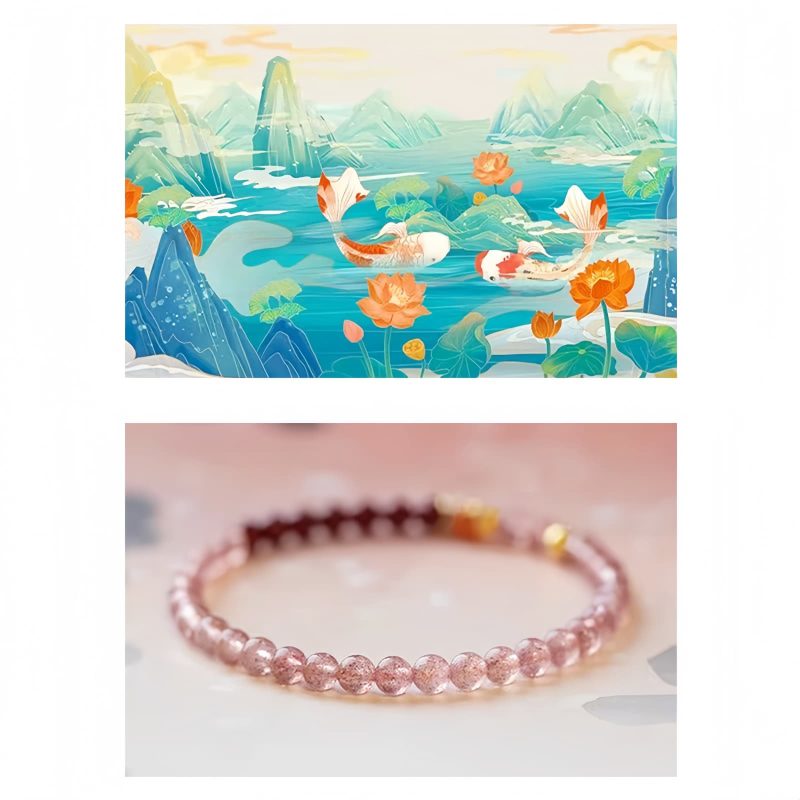 天然ストロベリークォーツ・辰砂の鯉のブレスレット Natural Strawberry Quartz Cinnabar Koi Fish Bracelet
