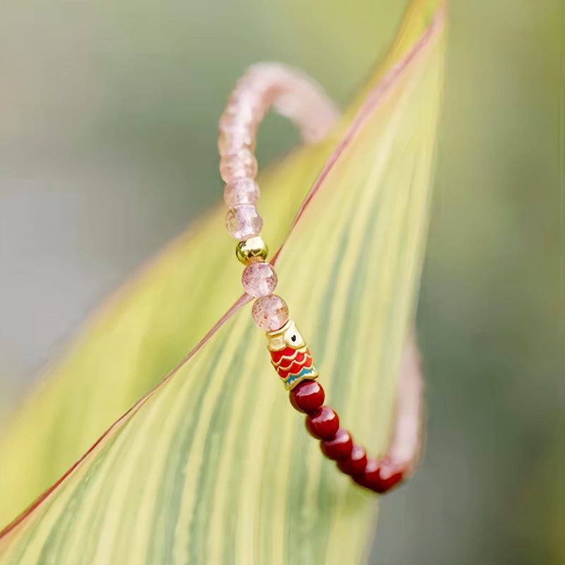 天然ストロベリークォーツ・辰砂の鯉のブレスレット Natural Strawberry Quartz Cinnabar Koi Fish Bracelet