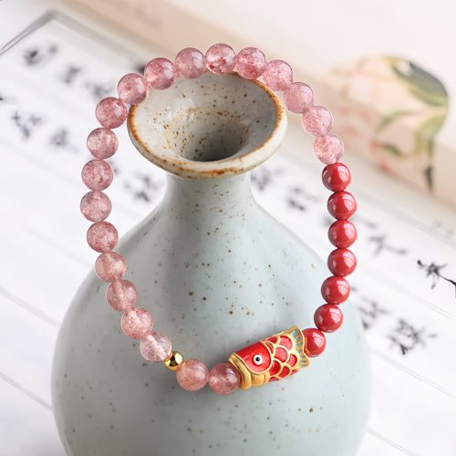 Pulsera de pez Koi con cuarzo fresa natural y cinabrio Pulsera de pez Koi con cuarzo fresa natural y cinabrio