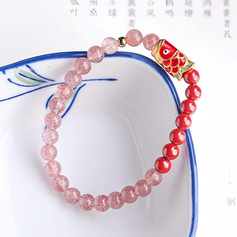天然ストロベリークォーツ・辰砂の鯉のブレスレット Natural Strawberry Quartz Cinnabar Koi Fish Bracelet